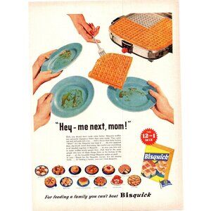 1952 Bisquick Waffles Waffle Maker Iron Vintage Print Ad Breakfast 50s Wall Art